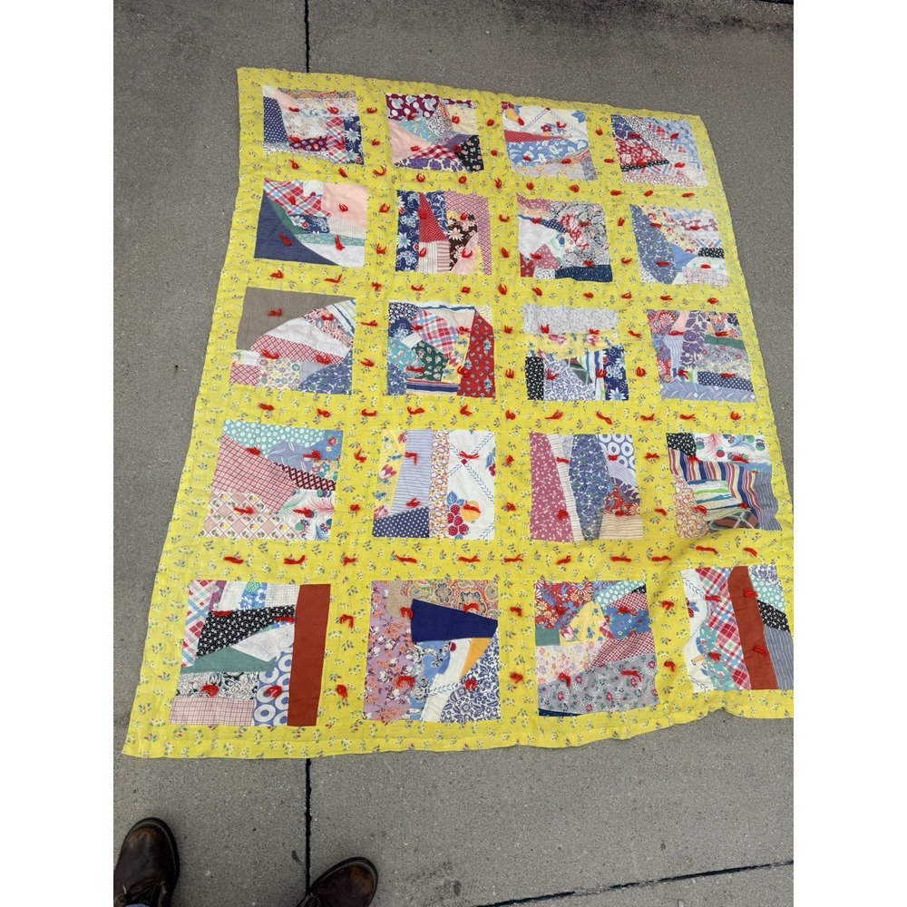 Vintage Handmade Patchwork Scrap Quilt Hand Tied Yellow Floral 64x81 Approx